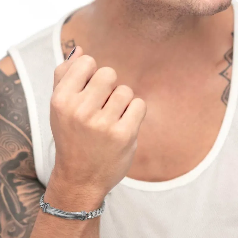 Sale Bracciale catena cuban e catena snake piatta centrale con trama puntinata Bracciali
