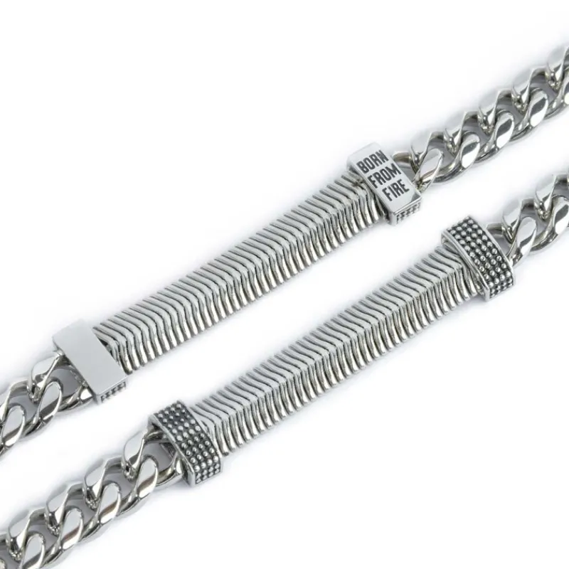 Sale Bracciale catena cuban e catena snake piatta centrale con trama puntinata Bracciali