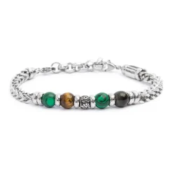 Online Bracciale catena fishbone con sfere malachite e occhio di tigre Bracciali