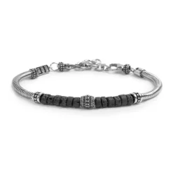 Fashion Bracciale con catena snake con elemento centrale e dischetti in pietra lavica Bracciali
