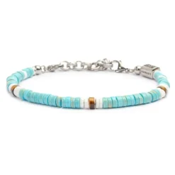 Outlet Bracciale con dischetti turchesi occhio di tigre e conchiglie bianche Bracciali