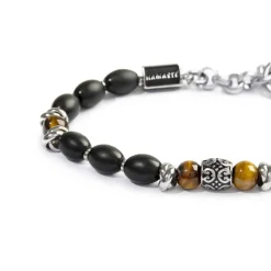 Fashion Bracciale con onice nera ovale e sfere occhio di tigre Bracciali