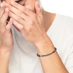 Online Bracciale sfere in pietra e dischetti acciaio con catena centrale Bracciali