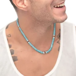 Sale Collana con dischetti turchesi occhio di tigre e conchiglie bianche Collane