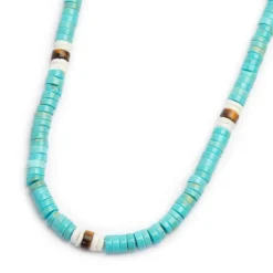 Sale Collana con dischetti turchesi occhio di tigre e conchiglie bianche Collane